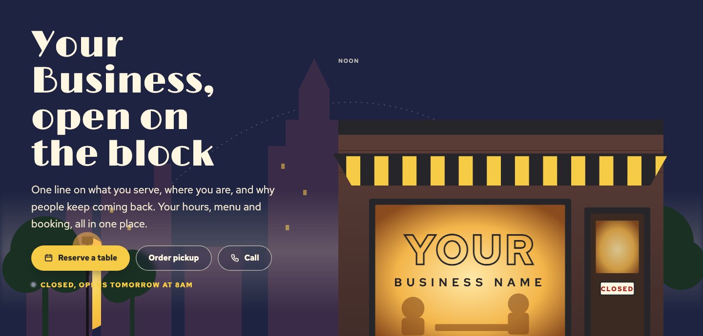 Sample restaurant site: a storefront at dawn with the sign reading Your Business Name